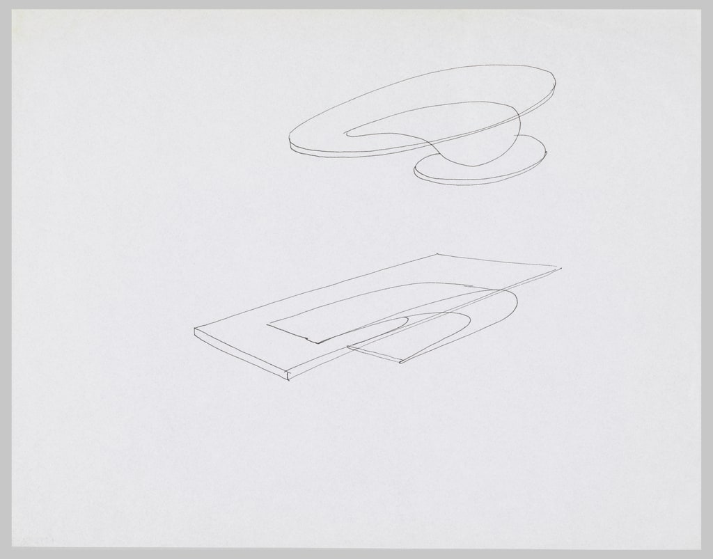 Drawing, Two Studies for Tables with Transparent Cantilevered Tops on Pedestals, ca. 1965