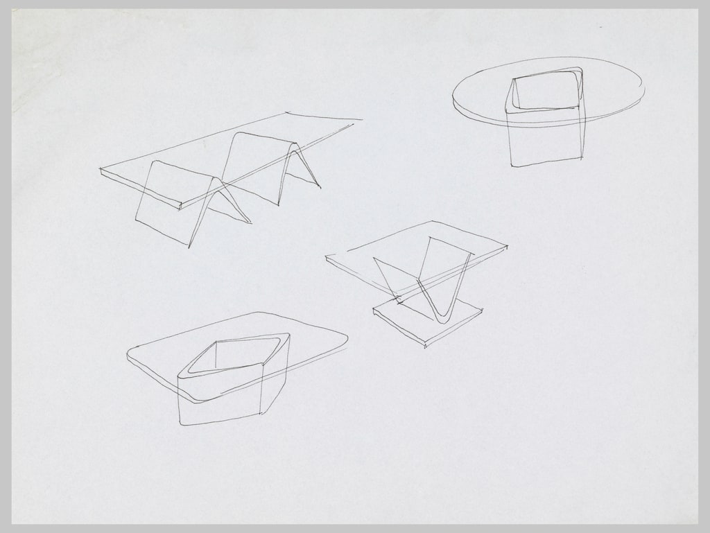 Drawing, Four Studies for Tables with Transparent Tops and Geometric Pedestals, ca. 1965