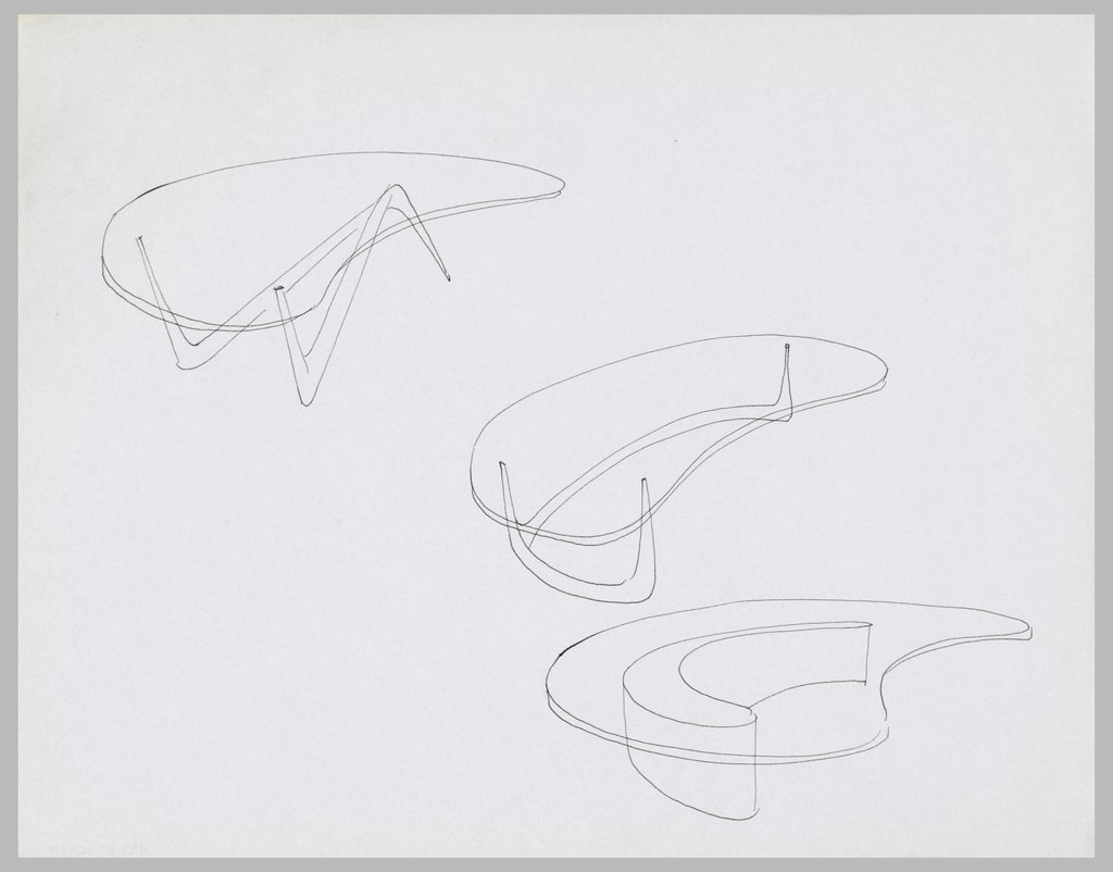 Drawing, Three Studies for Tables with Transparent Kidney-Shaped Tops and Variant Biomorphic Pedestals, ca. 1965