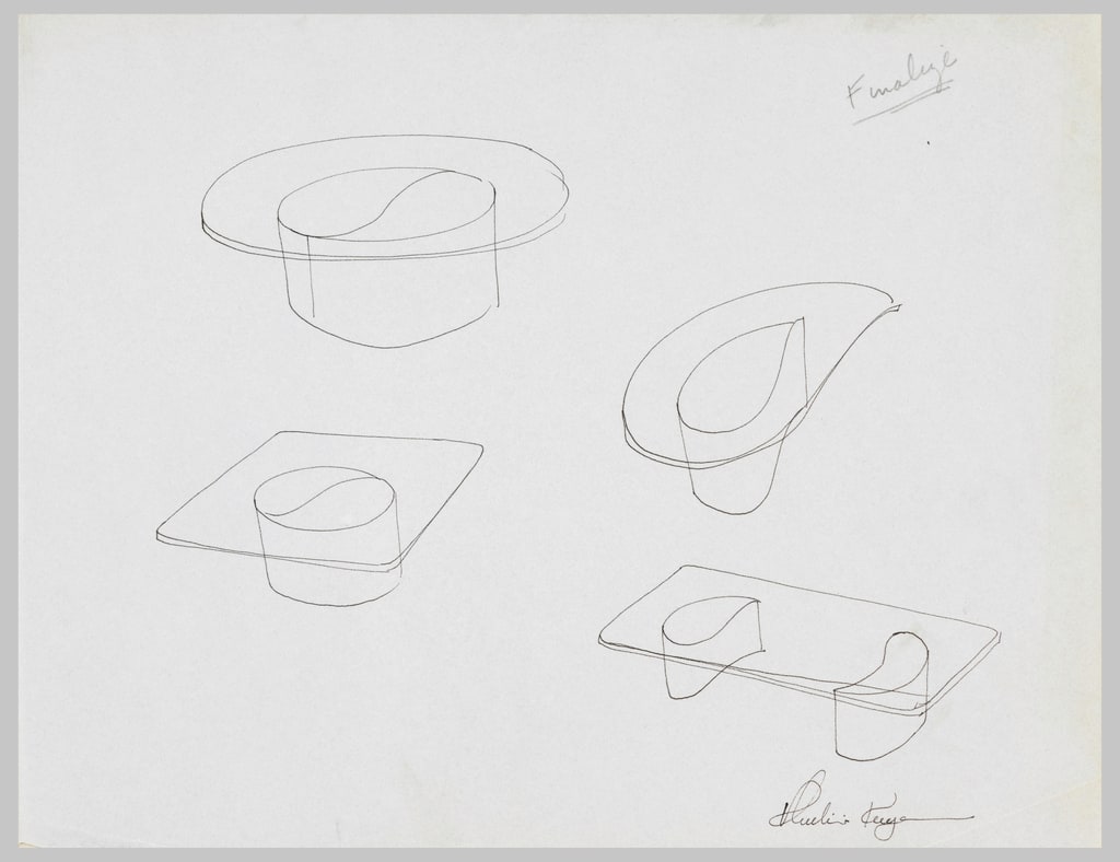 Drawing, Four Studies for Tables with Transparent Tops and Tear-Shaped Pedestals, ca. 1965
