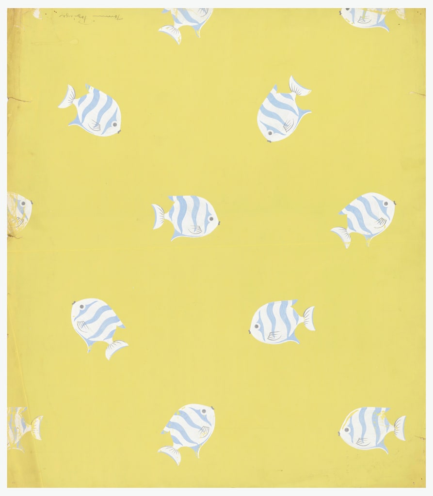 Drawing, White and Blue Fish on Chartreuse Ground, Wallpaper Design, 1940s