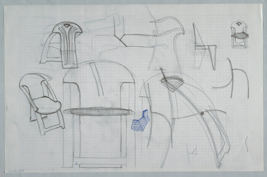 Drawing, Multiple chair sketches f, ca. 1982