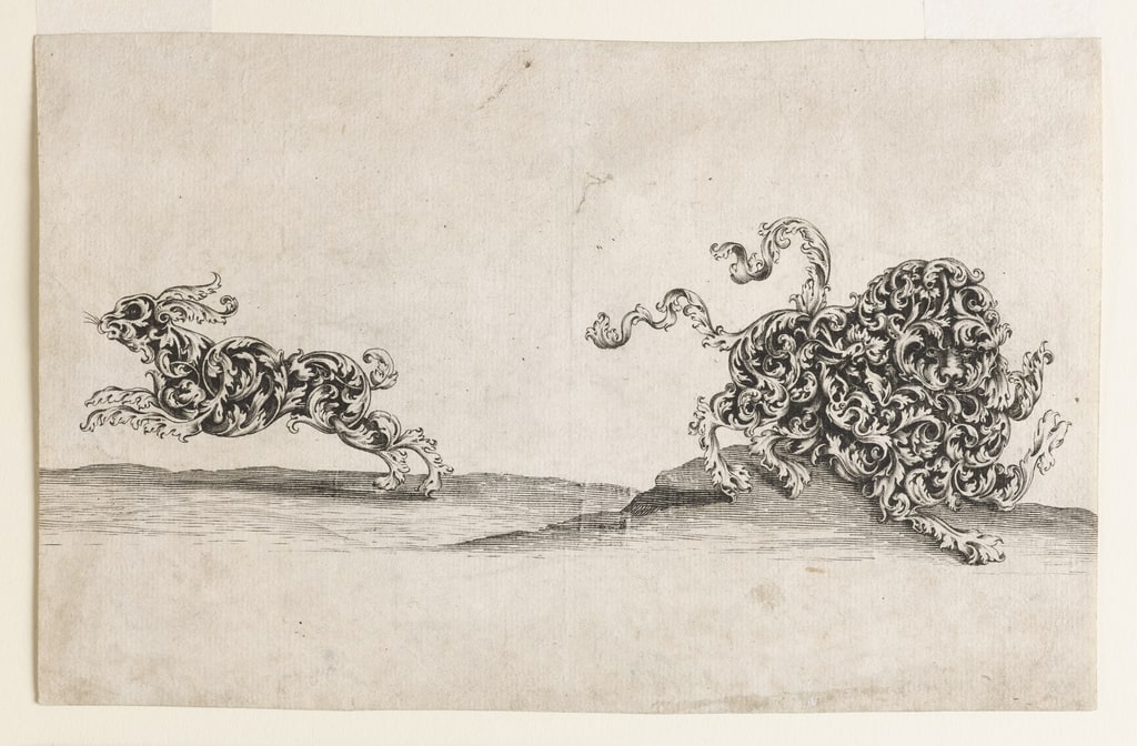 Print, Lion and Hare Composed of Ornamental Leaf-Work, 1698