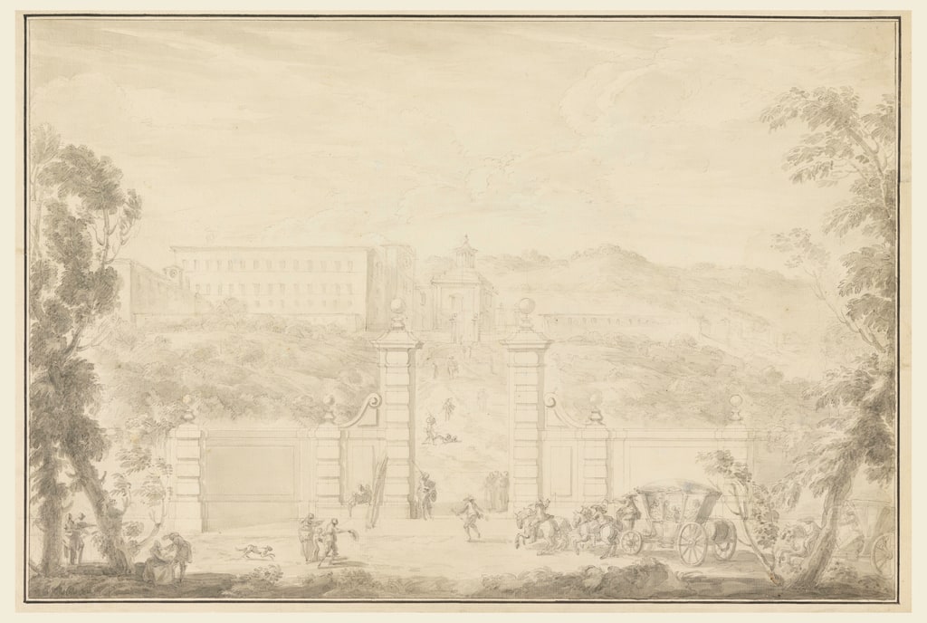 Drawing, View of a Monastery receiving a visit from great people, 1770–78