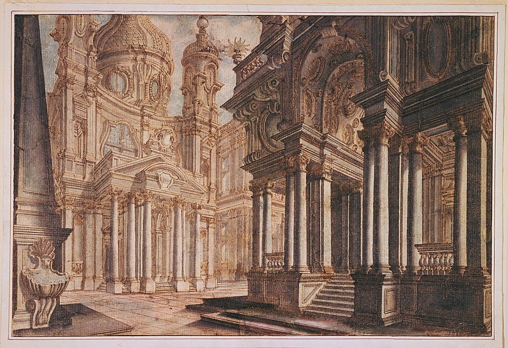 Drawing, Theater Design: A Town Square, ca. 1719