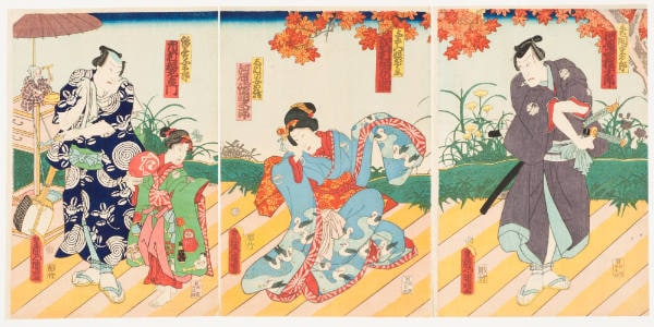 The Actors Kawarazaki Gonjuro, Sawamura Tanosuki, Kawarazaki Kunitaro, Ichimura Uzaemon as Yama (Tadama) Jutaro, Yozaemon's Daughter Orie, the Girl Diver Oshizu and the Candy Seller Sentaro