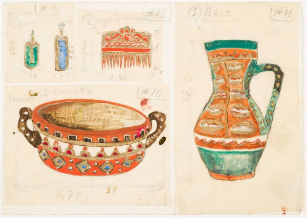 Design for Perfume Bottle, Comb, Pitcher and Bowl for the Ballet "Bogatyri"