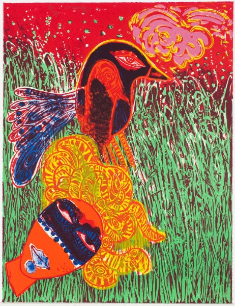 La femme masquée comme pour une fete, tete de l'herbe, fete de l'oiseou