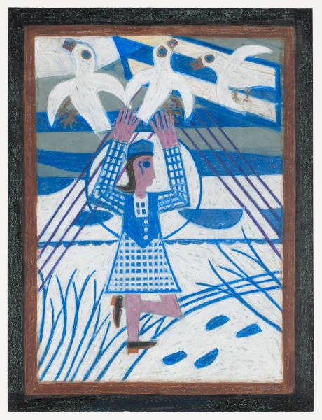 Girl in Blue with White Birds