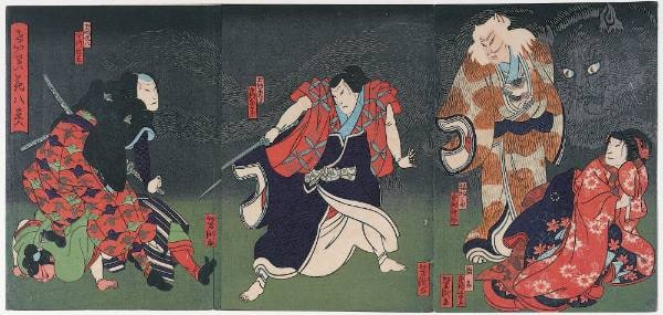 Nakamura Nakasuke as Neko Ikkaku and Nakamura Shigaku as the courtesan Funamushi (right), Nakamura Sōjūrō as Inumura Kakutarō (center) and Jitsukawa Enjaku I as Inugai Genpachi (left) from the play Courtesans as Eight Flower Blossoms (Keisai hana no yatsubusa)