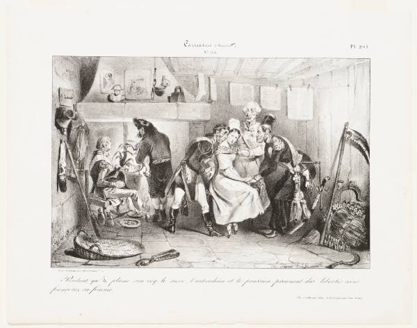 Pendant quil plume son coq, le Russe, l'Autrichien et le Prussien prennent des libertés avec France oise sa femme
