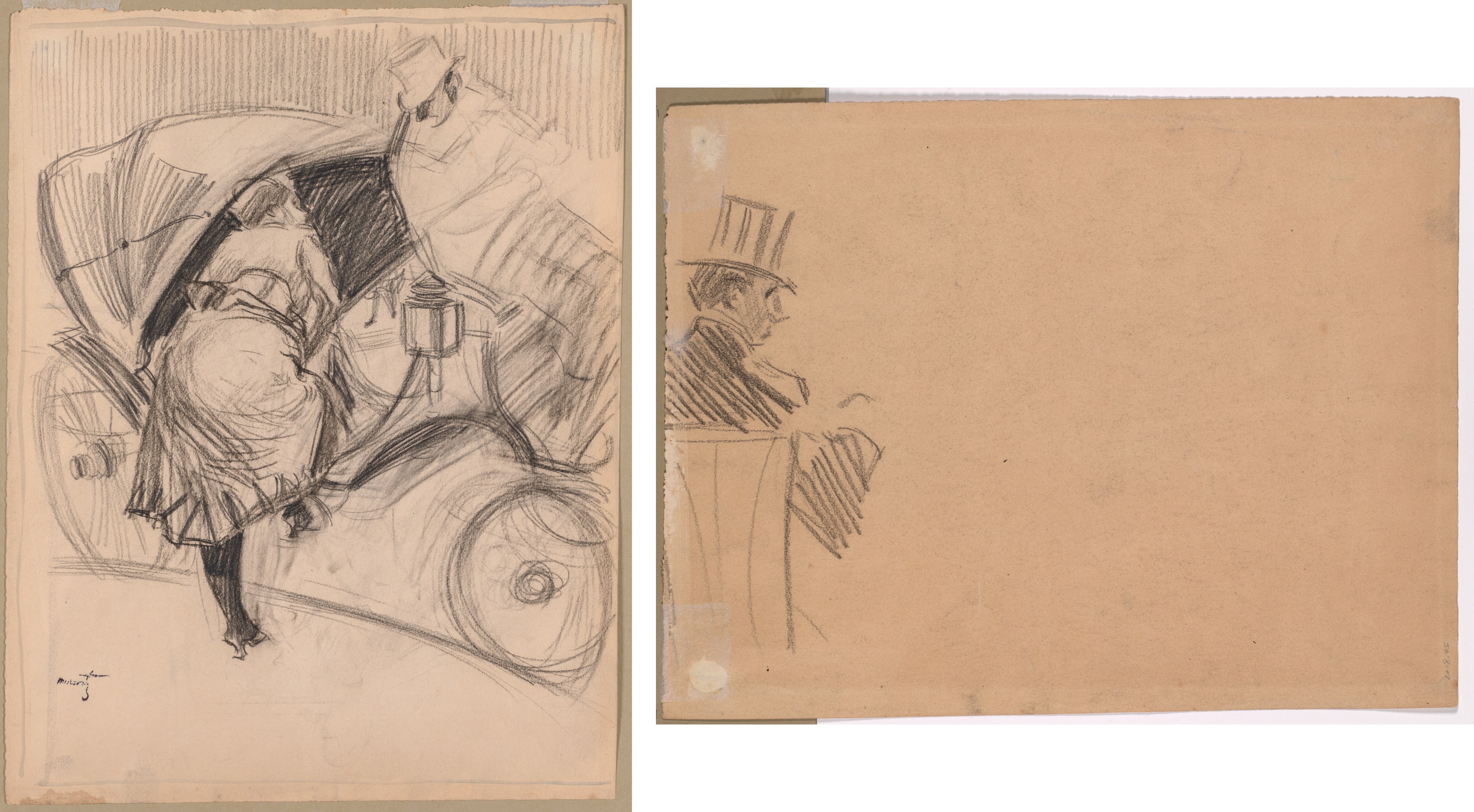 Woman Entering a Fiacre (recto); Right Profile of Man Wearing Tall Hat (verso)