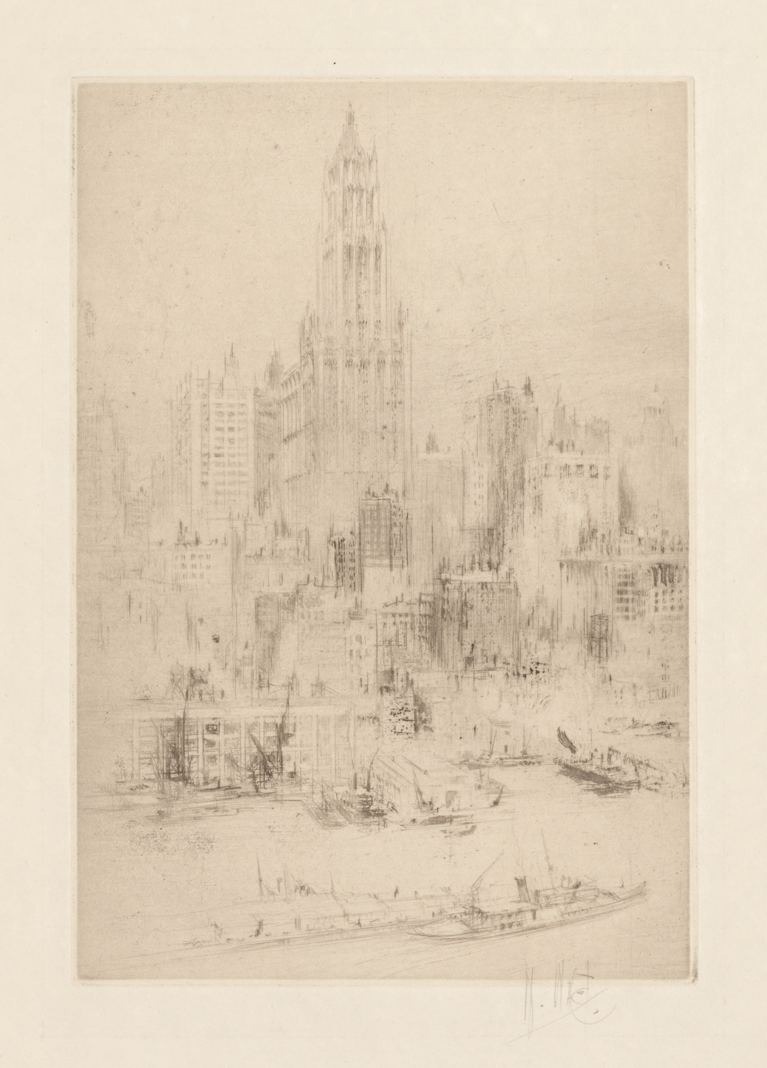 Downtown Manhattan from the East River, with the Woolworth Building