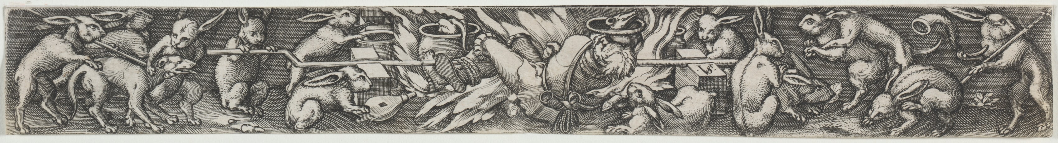 Rabbits Roasting a Hunter and His Dogs