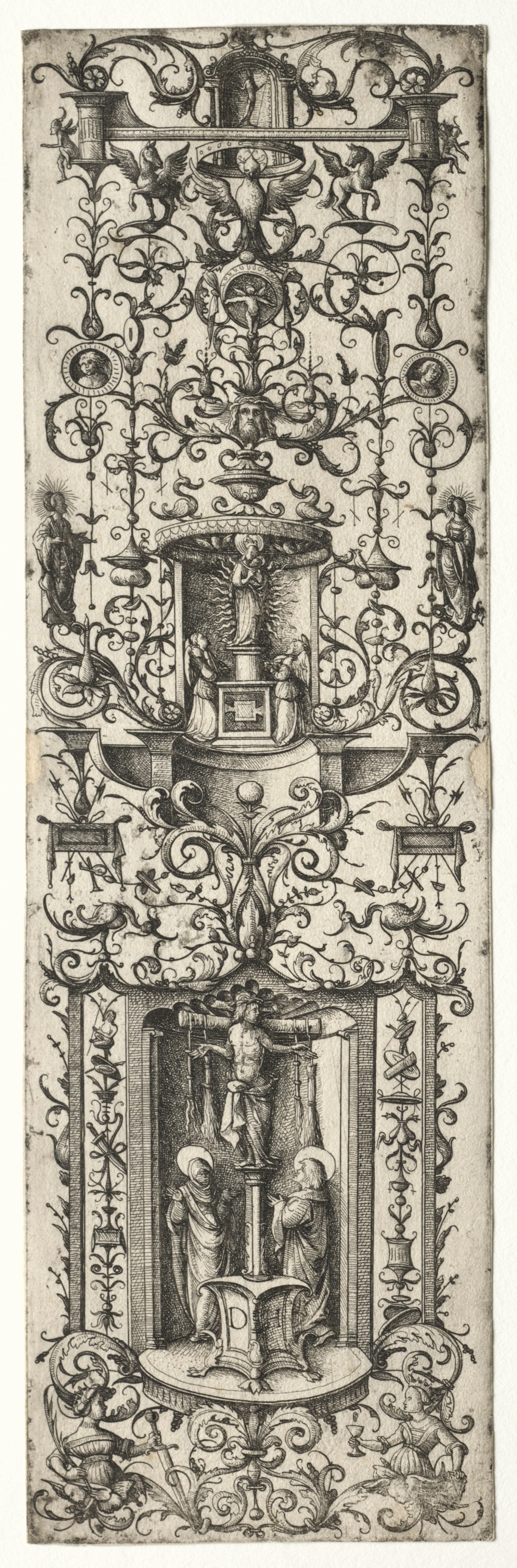 Ornamental fillet with the crucifixion and the virgin and child