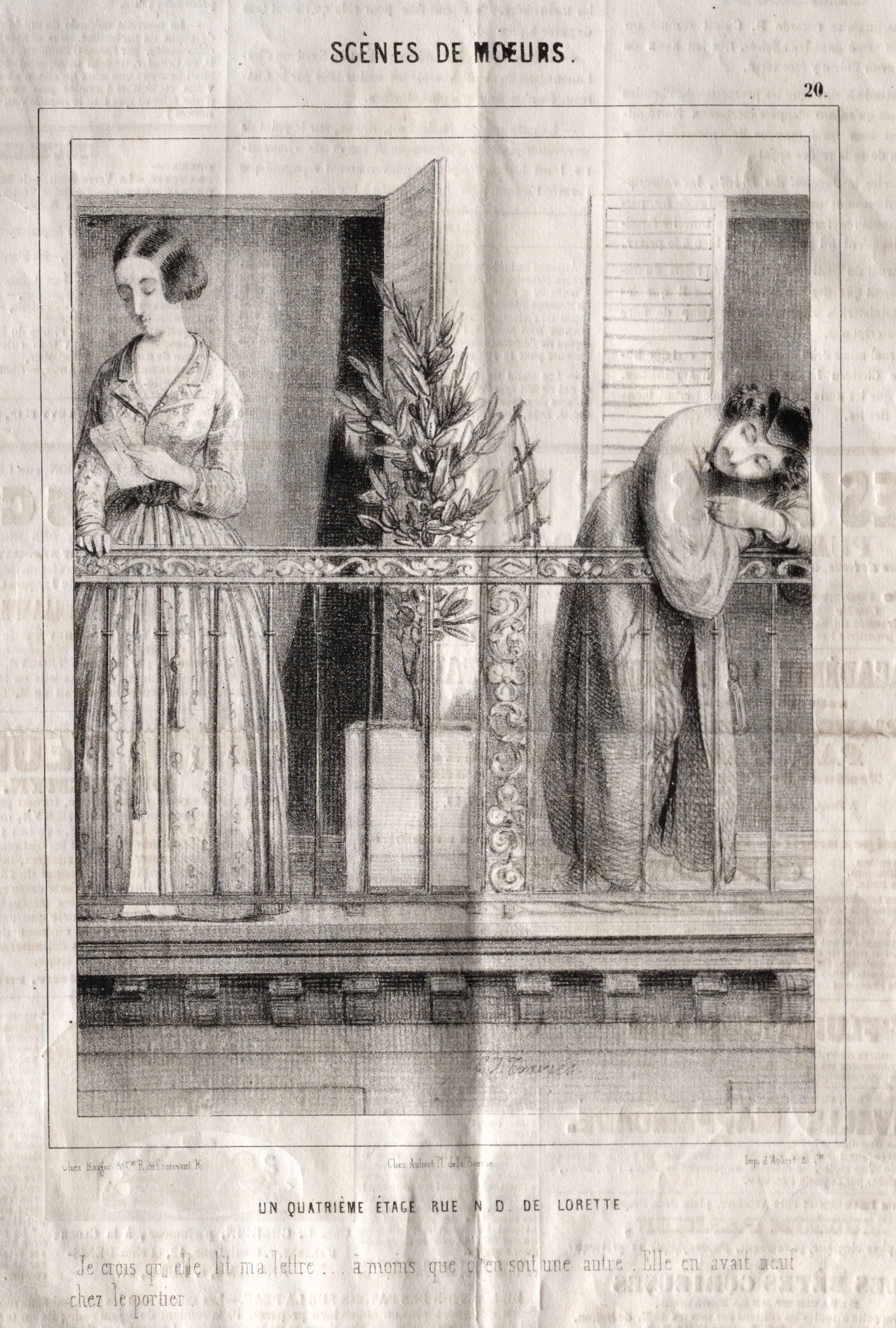Scènes de moeurs:  Un quatrieme étage rue N. D. de Lorette.  Je crois qu'elle lit ma lettre...à moins que c'en soit une autre.  Elle en avait neuf chez le portier