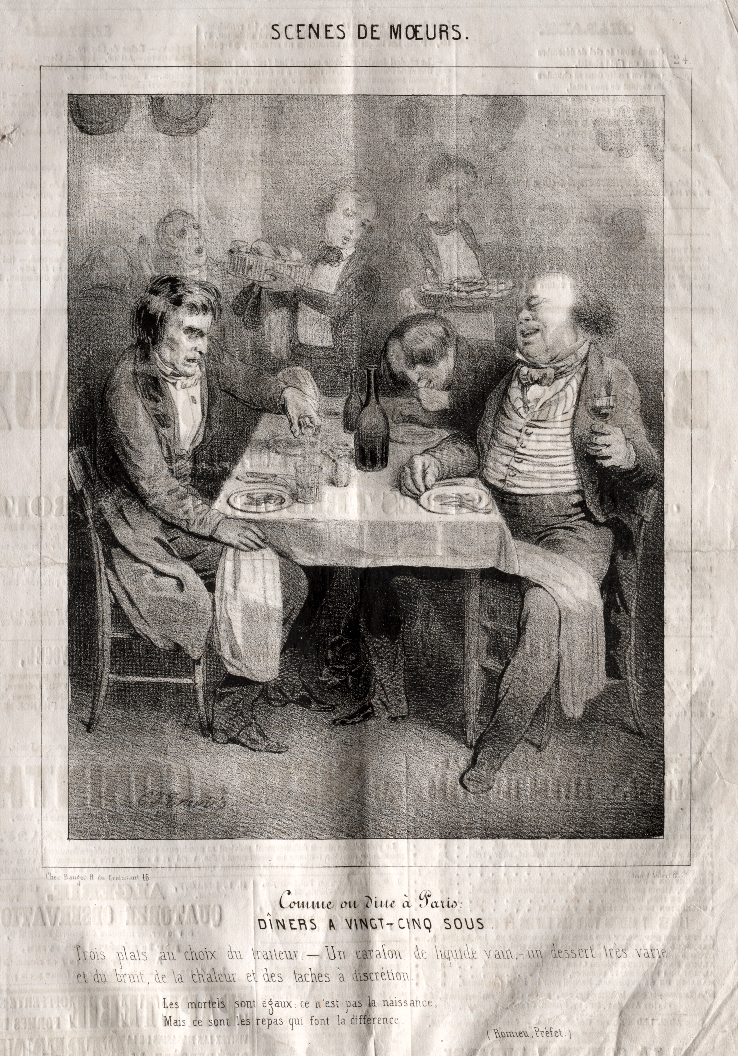 Scènes de moeurs:  Comme ou dine à Paris.  Diners a vingt-cing sous. Trois plates au choix du traiteur...