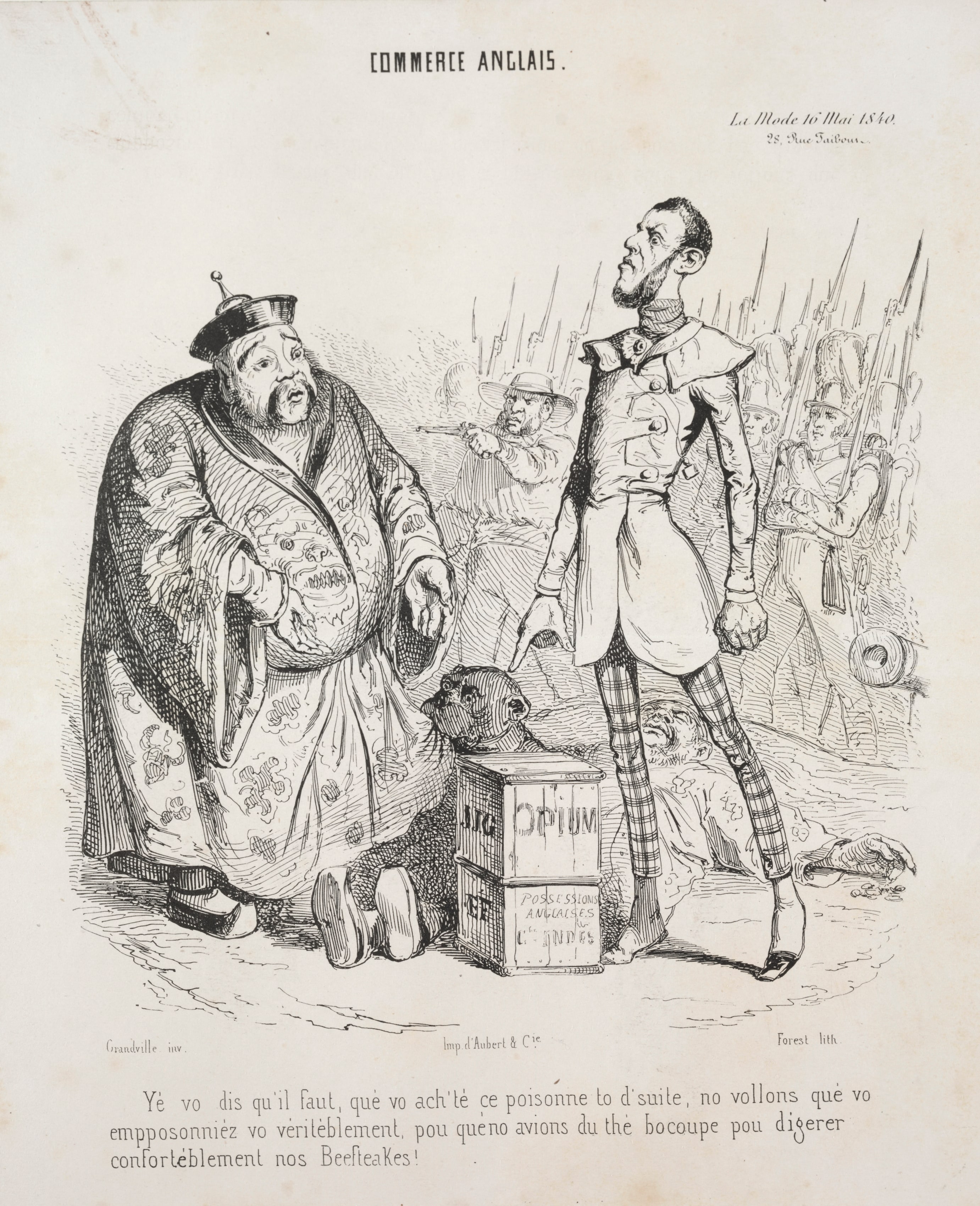 Commerce anglais.  Yé vo dis qu'il faut, que vo ach'te ce poisonne to d'suite, no vollons que vo empposonniez vo véritéblement, pou que'no avions du thé bocoupe pou digerer conforteblément nos Beefteakes!