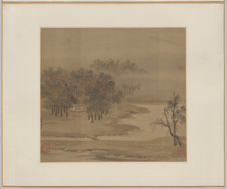 Cottages in a Misty Grove in Autumn