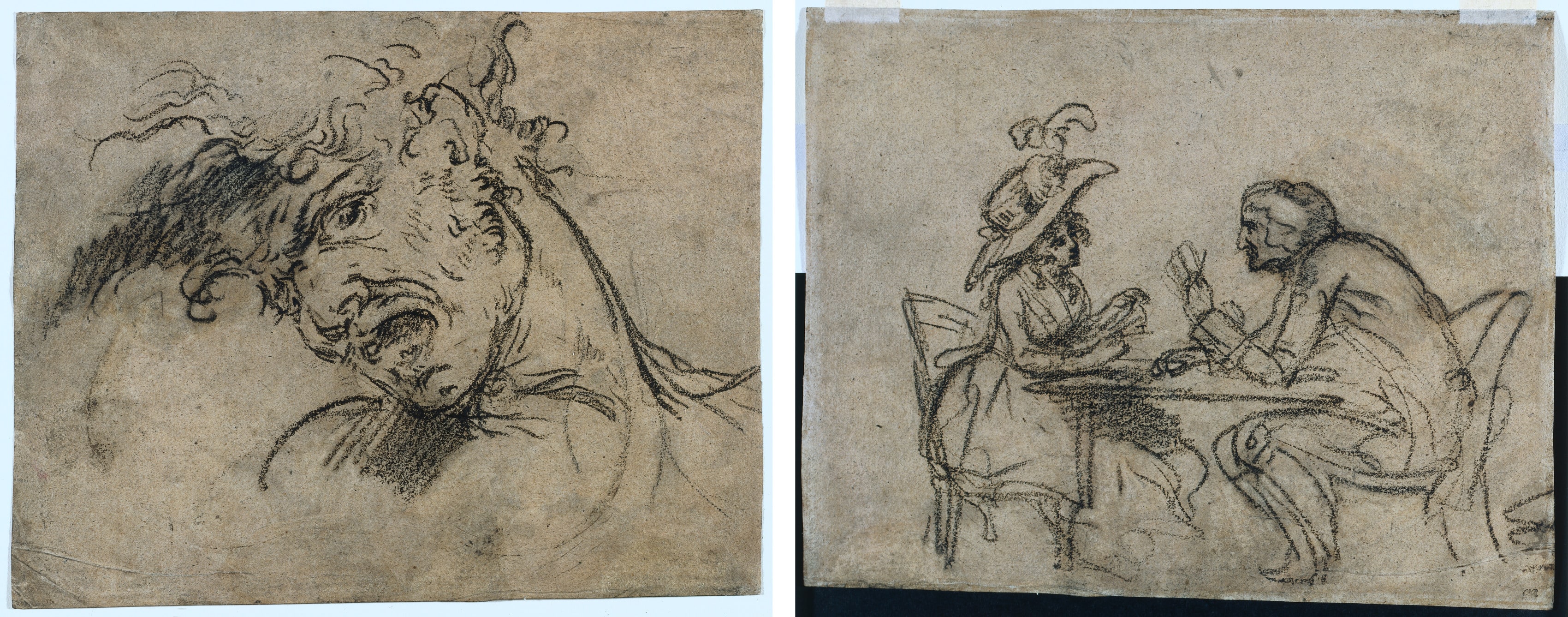 Head of a Screaming Man (recto); Woman and Man Playing Cards (verso)
