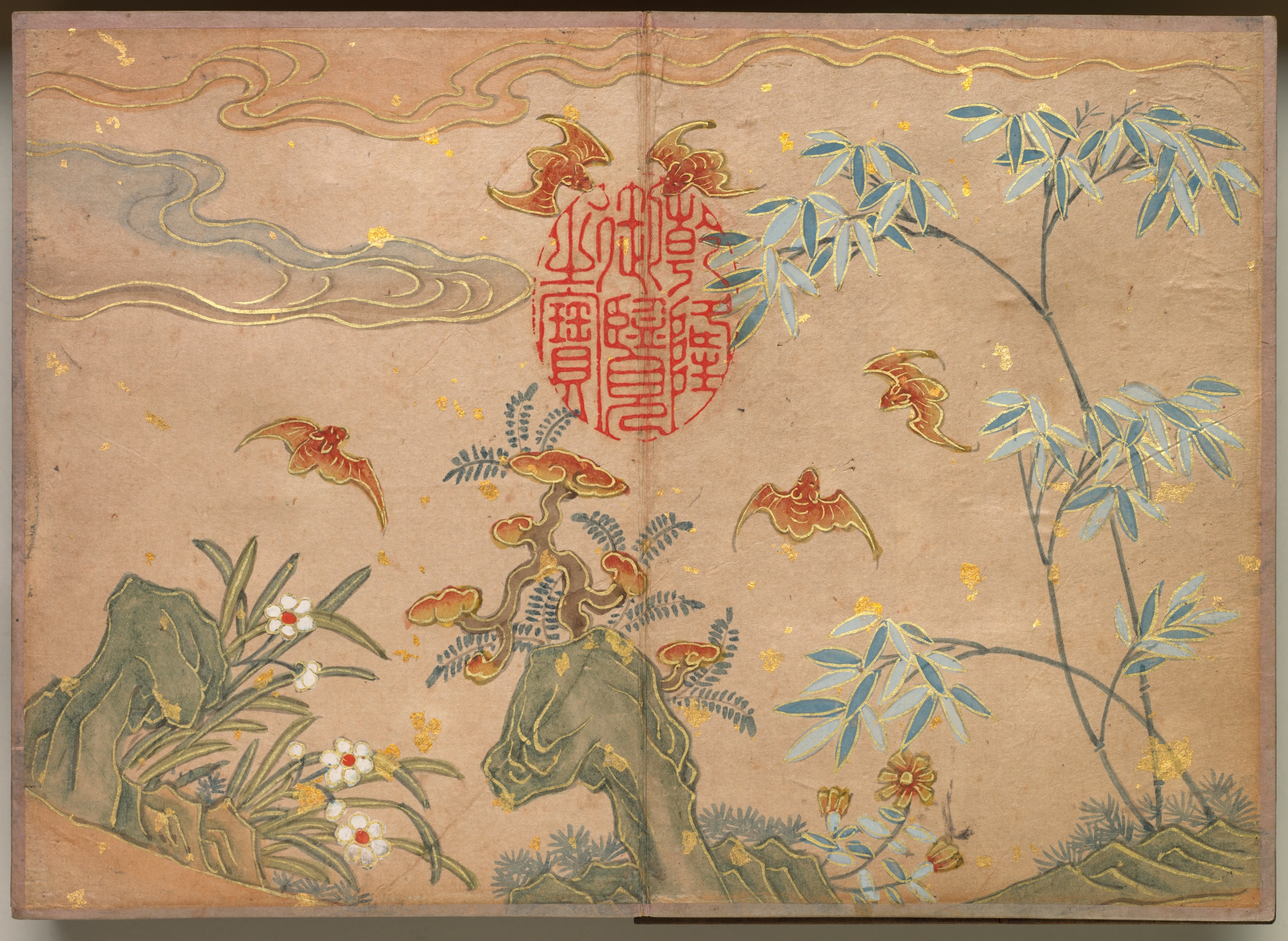 Desk Album: Flower and Bird Paintings (Bats, rocks, flowers oval calligraphy)

