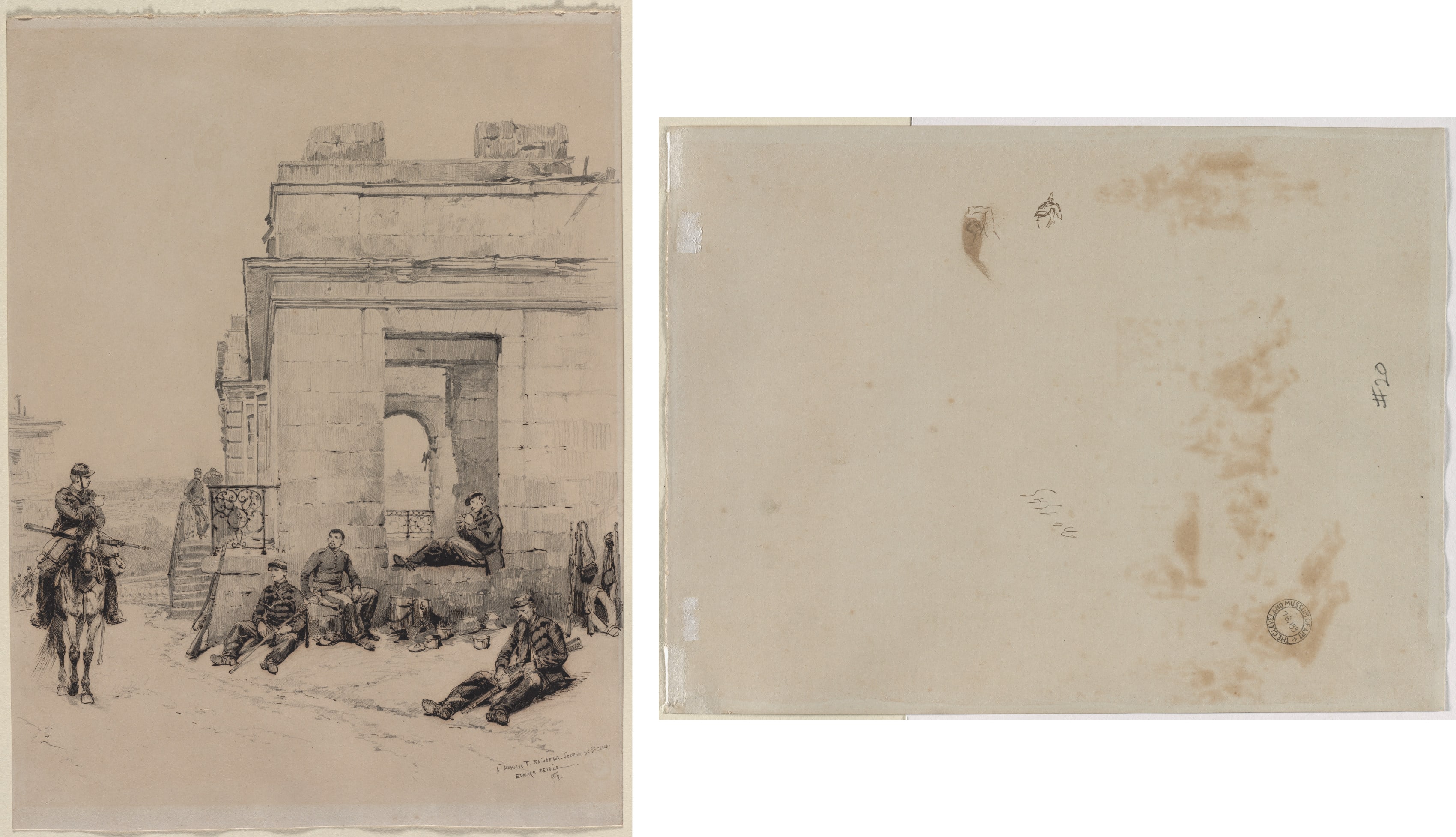 Soldiers Resting (recto); Sketch of a Man with Upraised Arm and Sketch of a Helmet (verso)