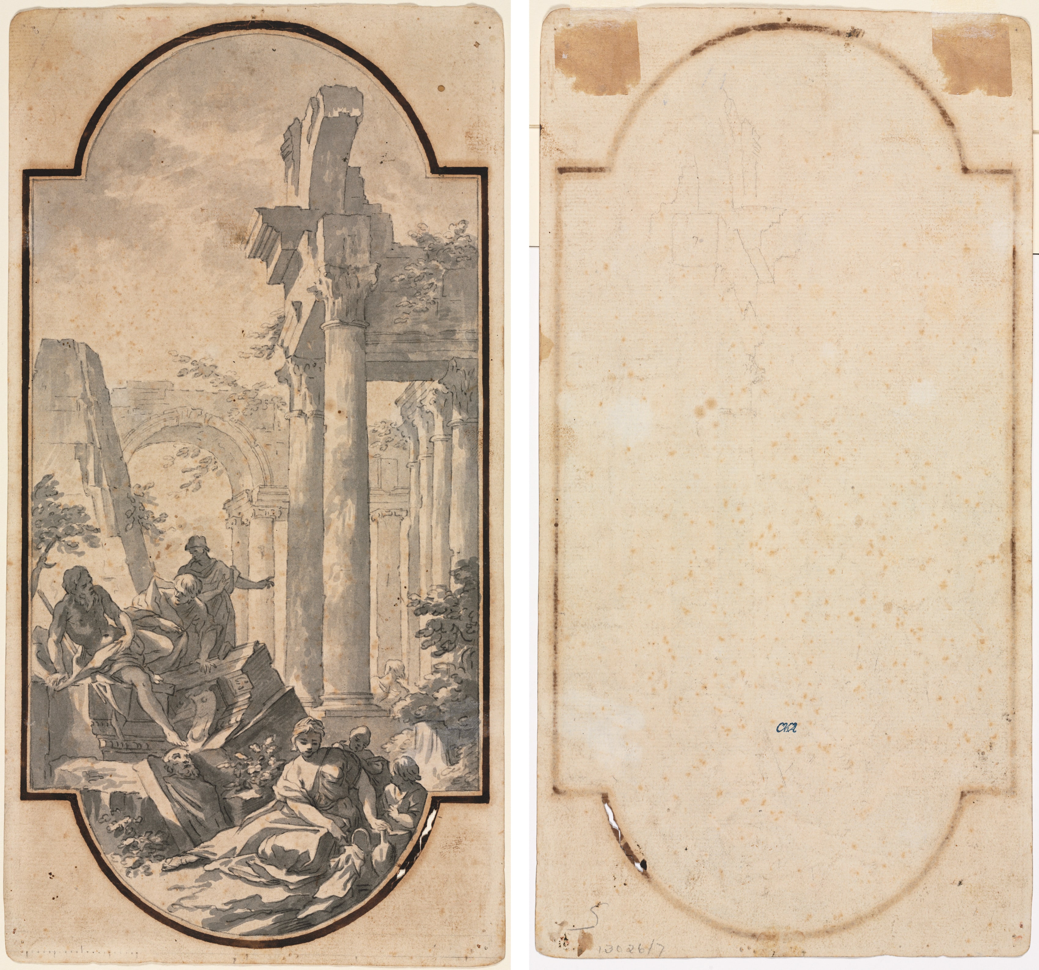 Figures Near the Ruins of a Corinthian Temple (recto); Fragment of an Arch (tracing from recto) (verso)