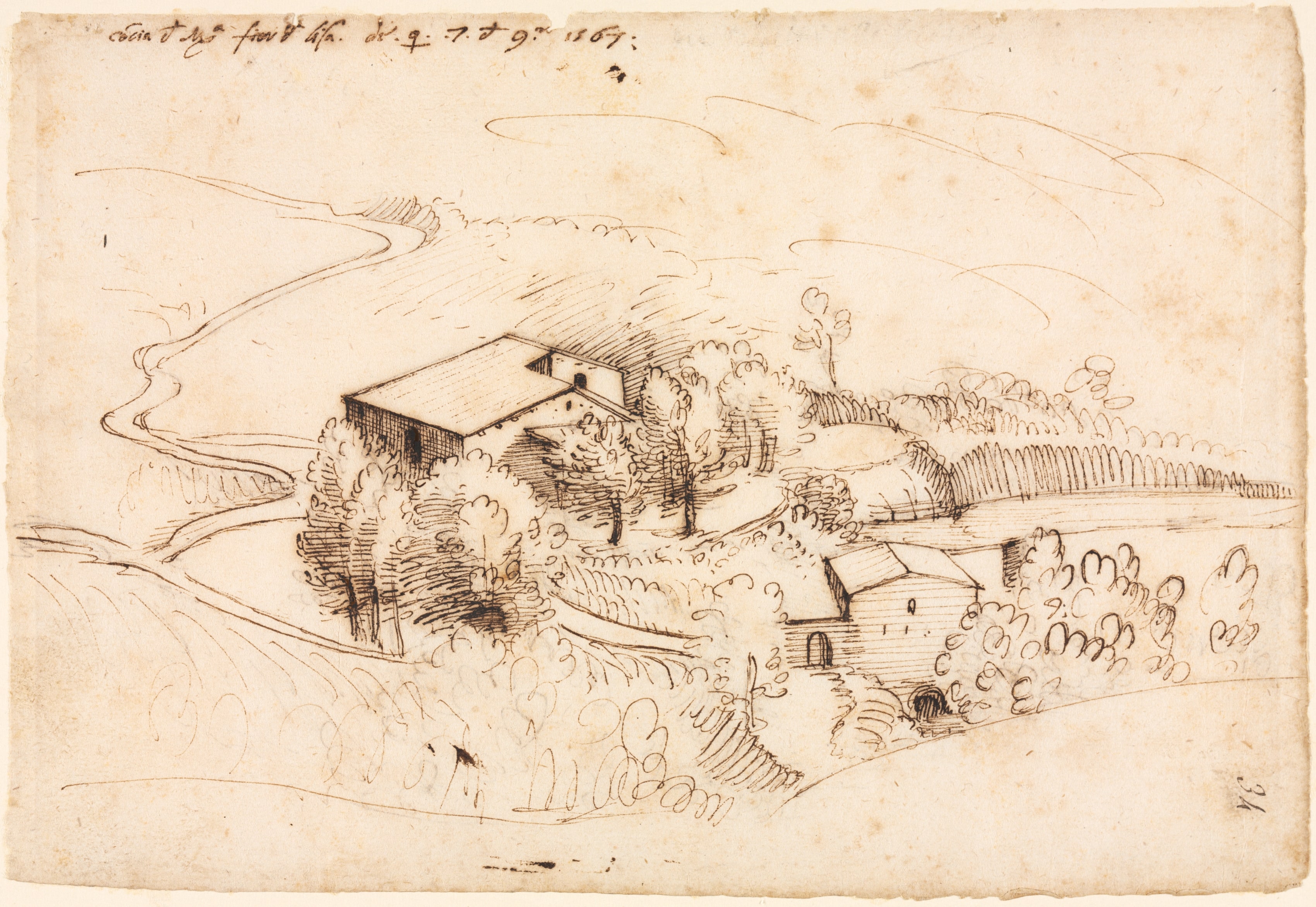 Farm with Trees in a Hilly Landscape (recto)