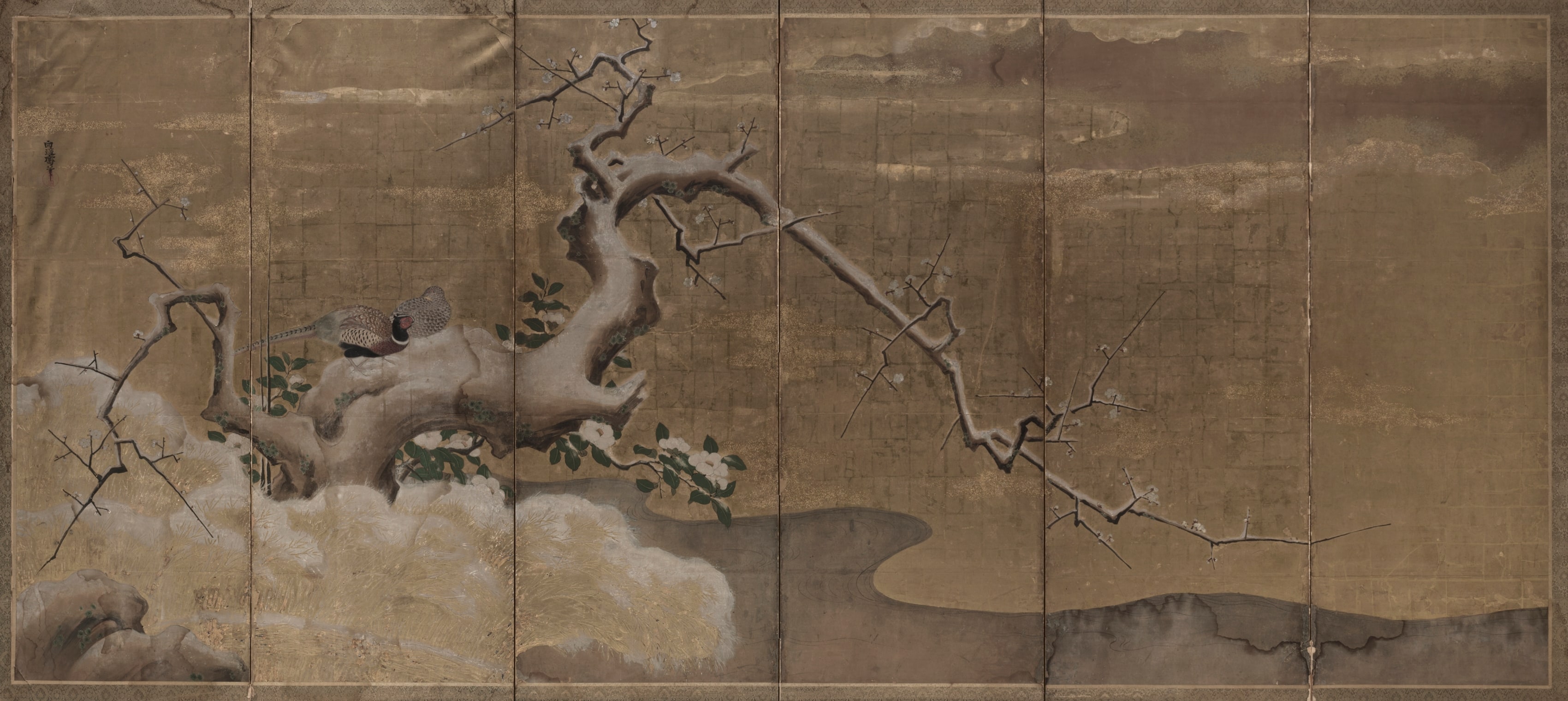 Winter Scene with Plum Trees and Pheasants (Birds Right)