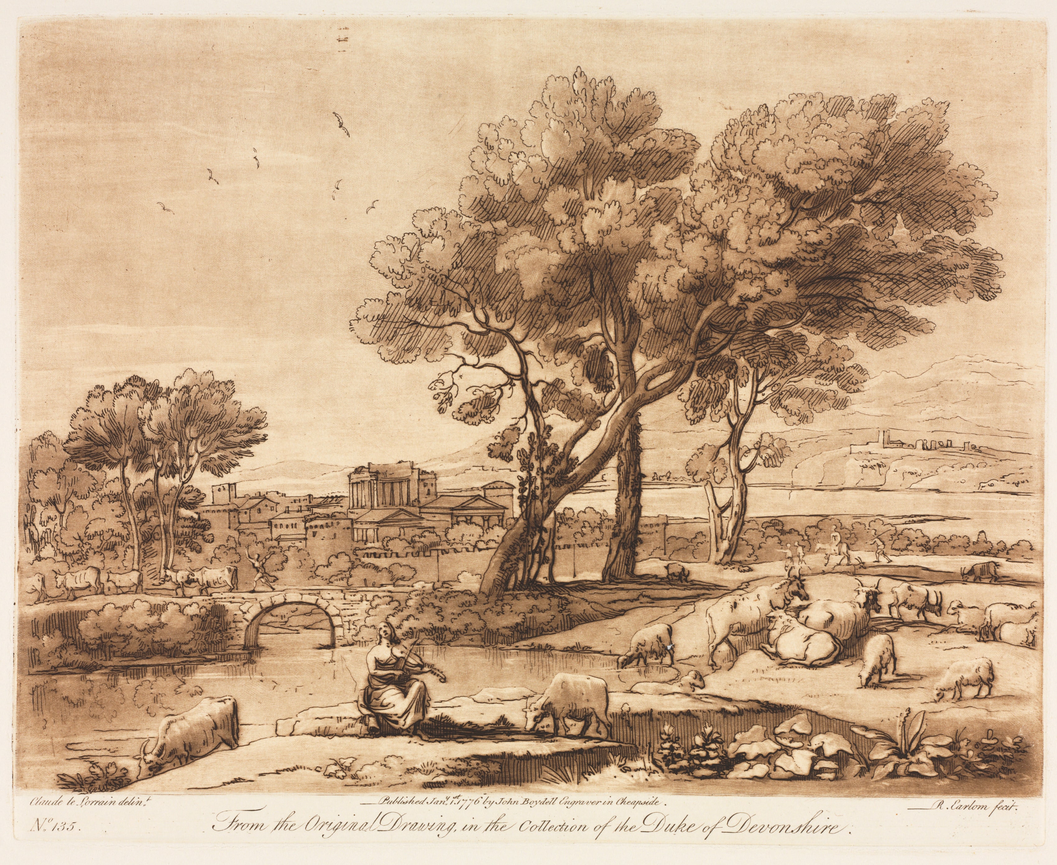 Liber Veritatis:  No. 135, A Landscape, with Buildings, Mercury Stealing Admetuss' Cattle from Apollo