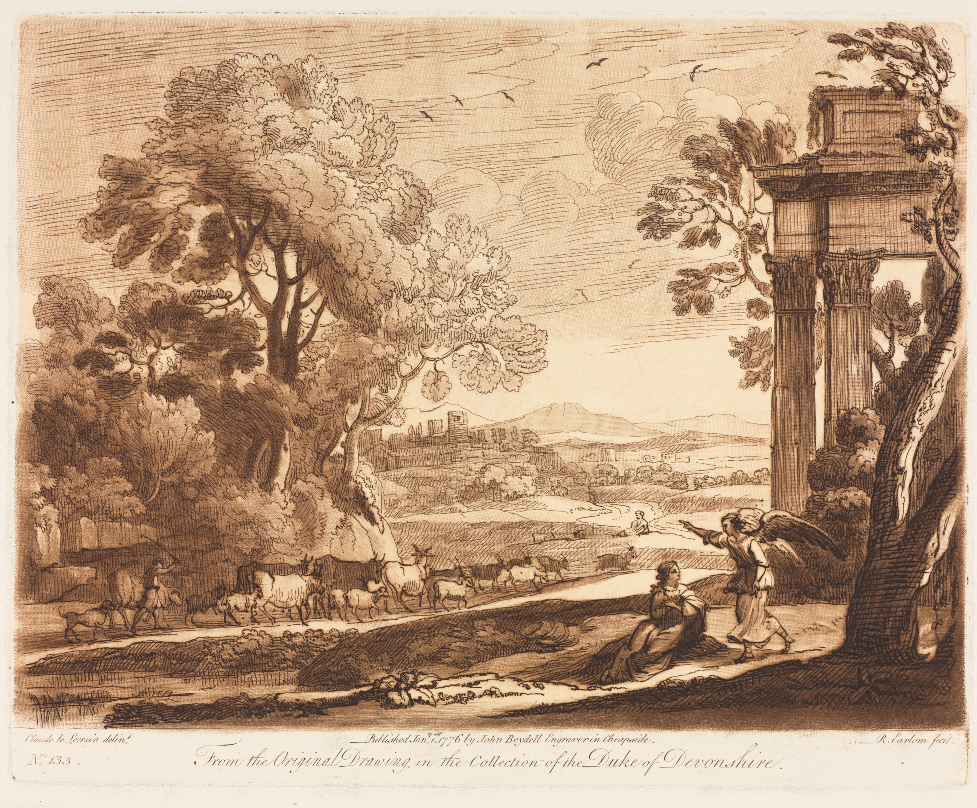 Liber Veritatis:  No. 133, A Landscape, with Cattle, and the Angel Comforting Hagar
