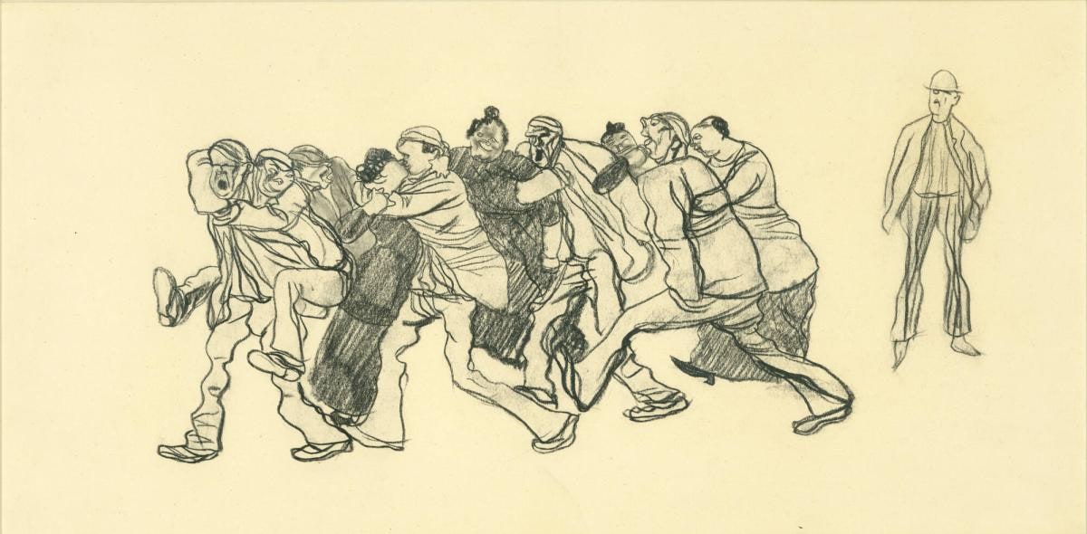 Man Watching a Group of Walking and Embracing Figures