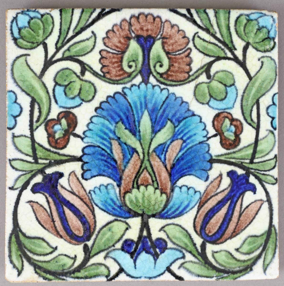 Pottery Tile with Persian-inspired Floral Design