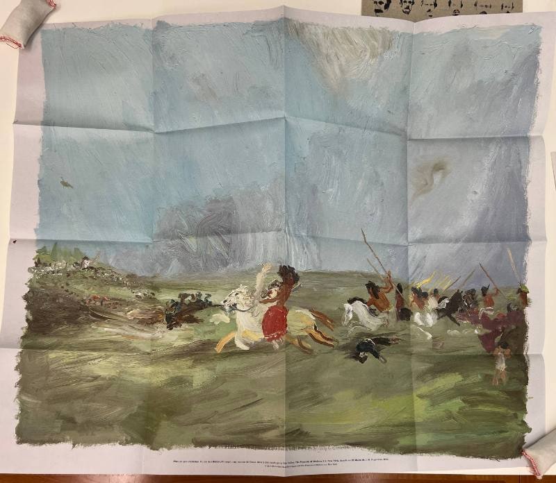 Reproducción de una pintura inspirada en una historia de César Aira, y basada en El malón de Rugendas (1836), para el portafolio UEELVDPV, del portafolio La valija [Reproduction of a painting inspired on a story by César Aira and based Rugendas’s Indigenous Raiders (1836)], for the portfolio UEELVDPV, for the portfolio The Valise]