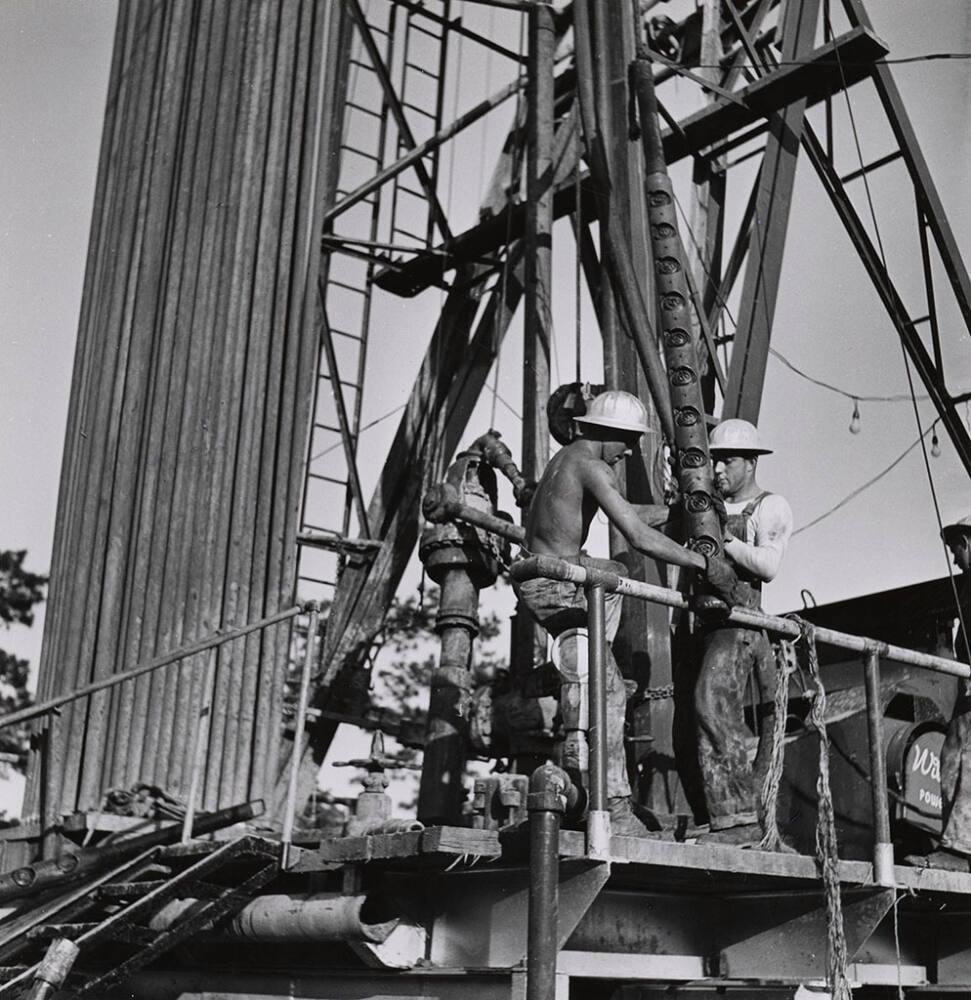 Oil field, Fritz Kobs B-3. Workover job, gun perforating. Raising gun onto derrick floor