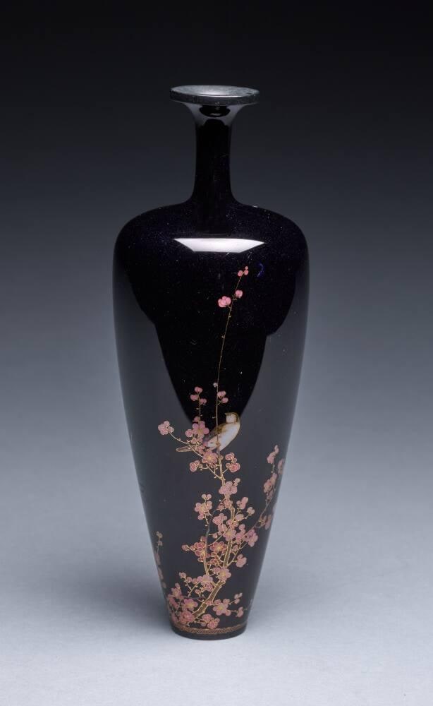 Baluster vase with elongated neck and design of sparrow and plum blossoms