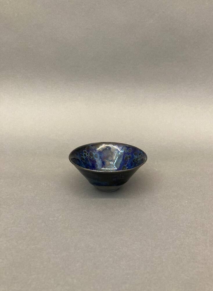 Yohen tenmoku conical-shaped sake cup with flaring mouth