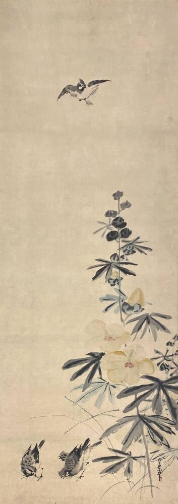 Hollyhock and Sparrows