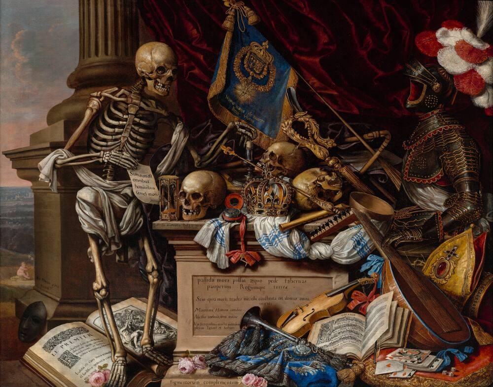 Vanitas Still Life with Musical Instruments, Sheet Music, Books, a Skeleton, Skulls, and Armor