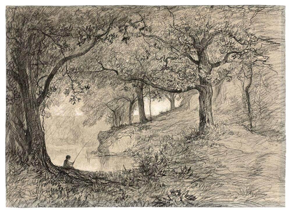 Pêcheur au bord de l’eau dans un sous-bois (Fisherman by the waterside in the undergrowth)