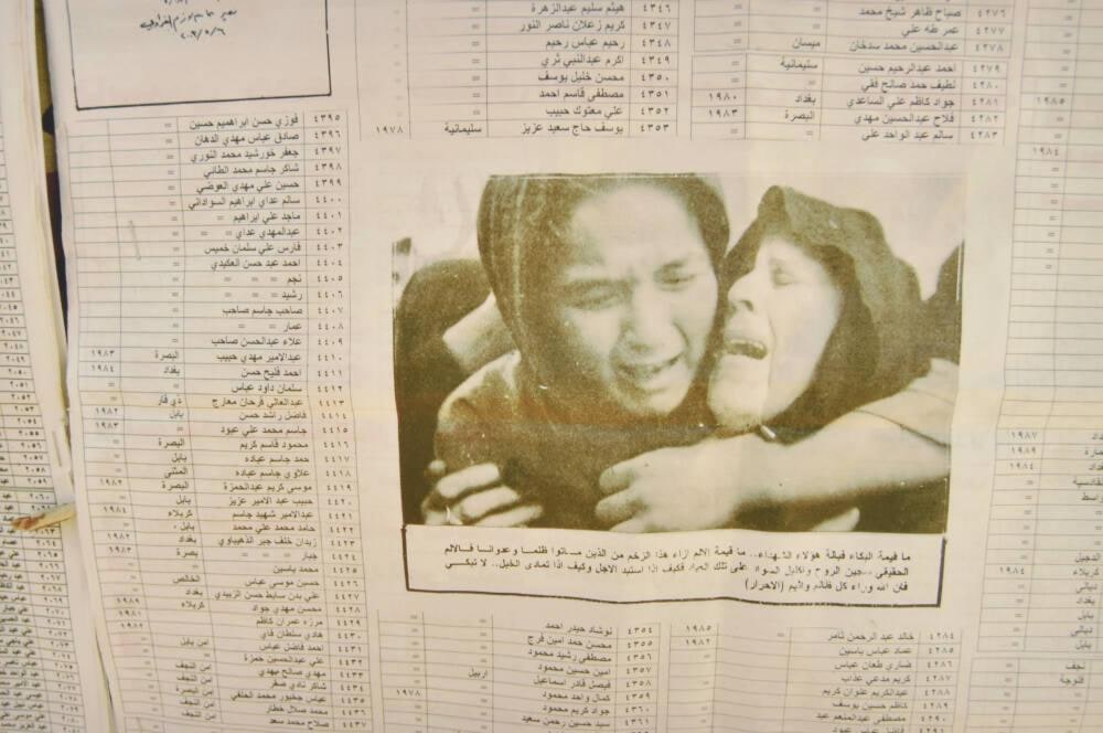 Iraqi newspaper listing the names of the dead, mass grave, Mahaweel