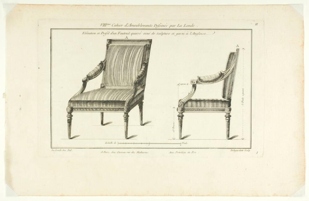 Elévation et Profil d'un Fauteuil quarrée orné de Sculpture et garni à l'Angloise