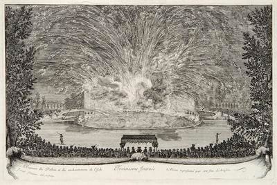 Design for Third Day: Disintegration of the Palace and enchantments of the Island of Alcine, represented by a fireworks display from Les Plaisirs de l'Ile Enchantée (Pleasures of the Enchanted Island)