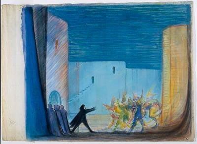Scene design for Hamlet greeting the actors (players), Act III, scene 2, in Hamlet