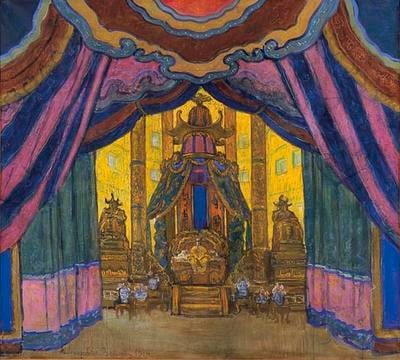 Scene design for the King's bedroom, Act III, in Le Rossignol (The Nightingale)