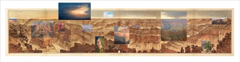 Details from the view at Point Sublime on the north rim of the Grand Canyon, based on the panoramic drawing by William Holmes (1882).