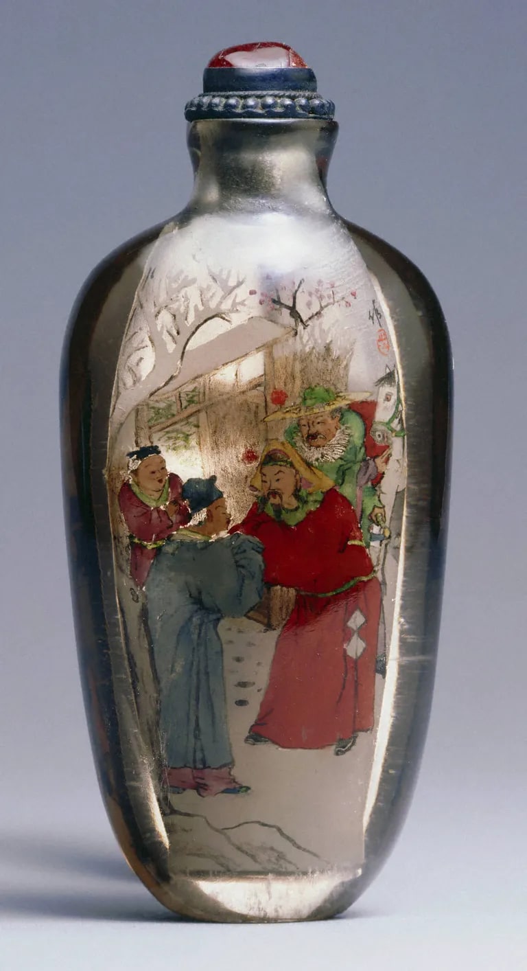Interior-painted snuff bottle with donkey rider and visitors at gate scences