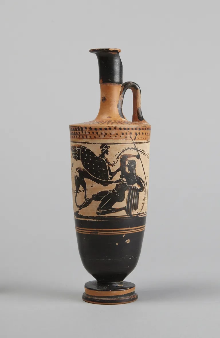 Black-figure lekythos: Sphinx attacking a youth