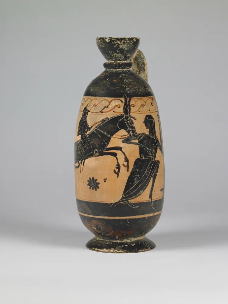 “Deianeira” lekythos (oil vessel) depicting a mounted satyr pursuing a nymph