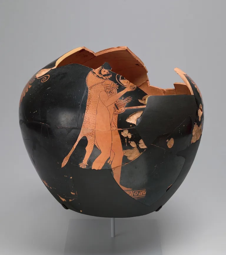 Fragmentary neck-amphora of Panathenaic shape depicting Herakles with a barbitos (bass lyre) and kantharos (drinking cup) (A); Hermes with a kerykeion (herald’s staff) (B)